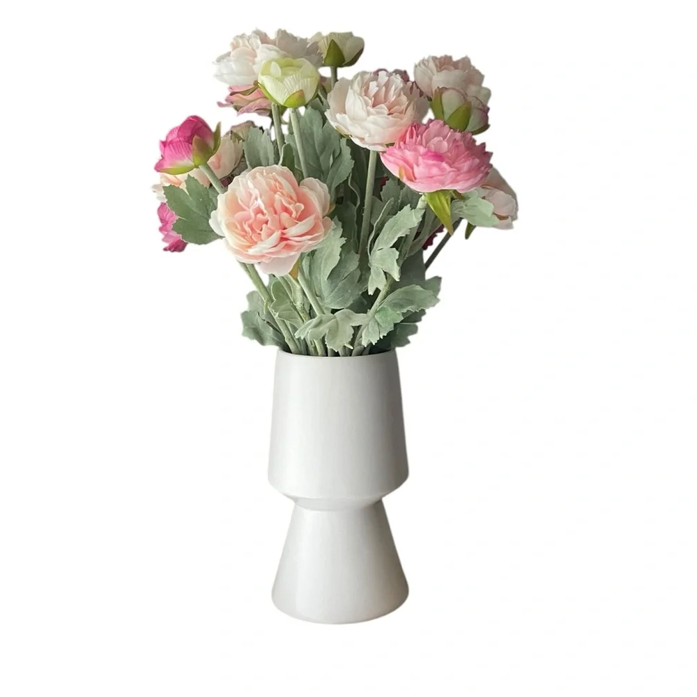 PEONIES Pink and White Floral rosy Peony Arrangement in ceramic matte white vase